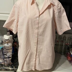 B  LL Bean casual pink stripe button front short sleeve plus size shirt one 1X